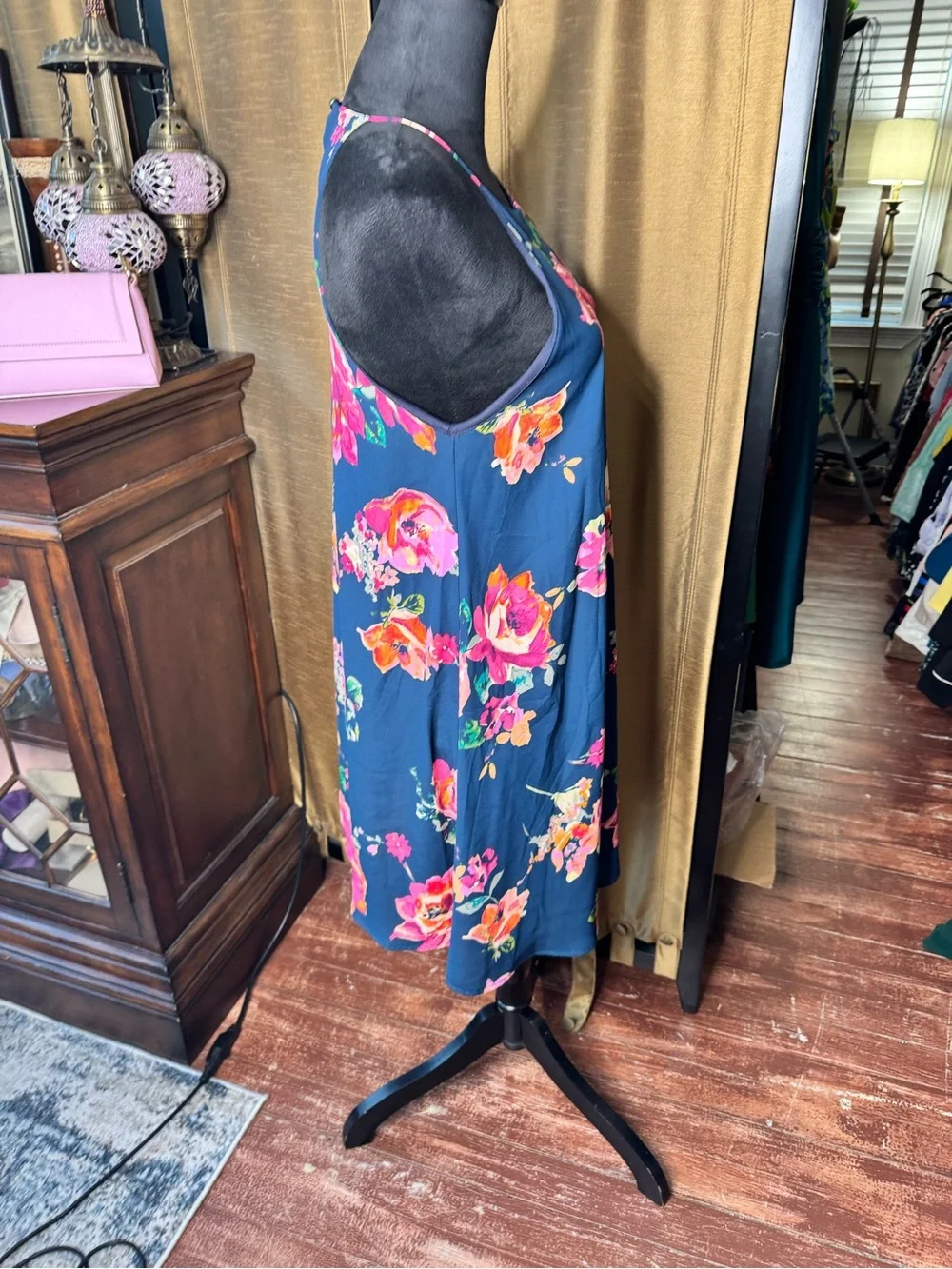 Everly Navy Floral Halter Shift Dress Size M Sleeveless Lined Boutique Made USA